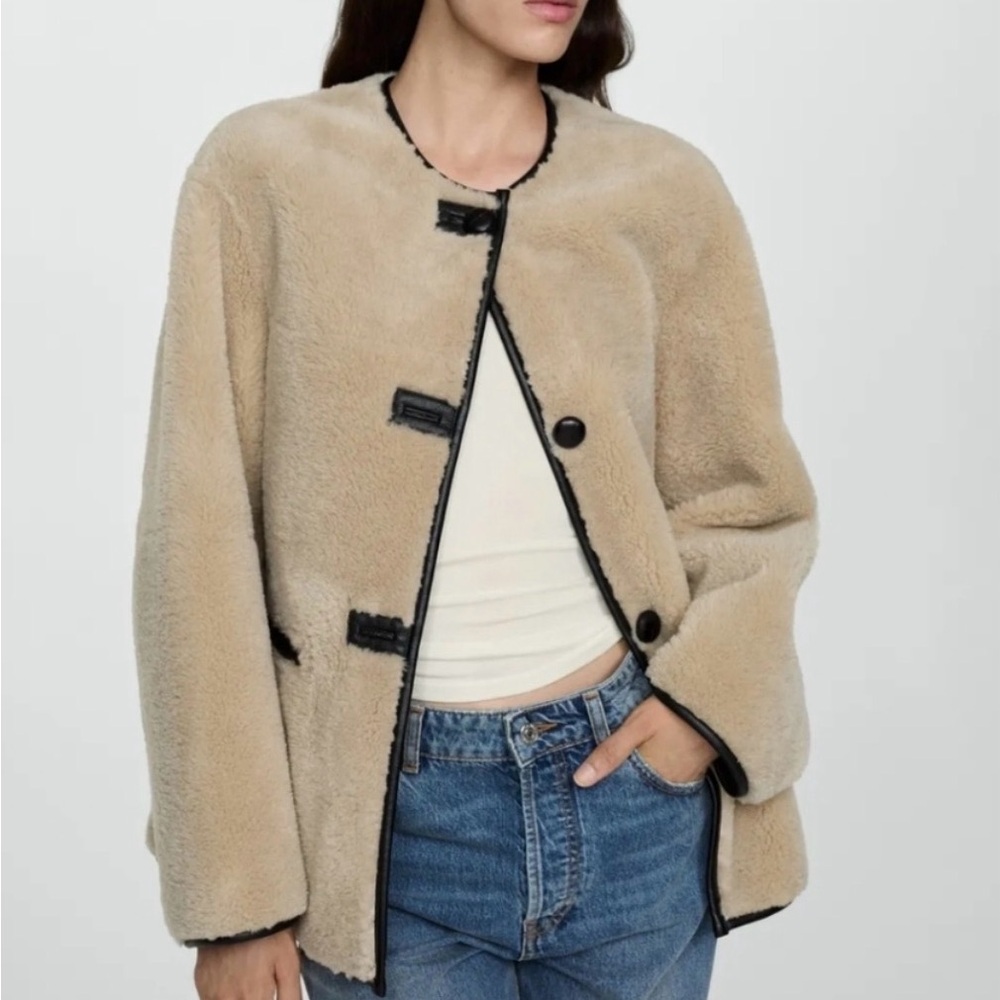 Mango Fur Effect Faux Fur Coat with Leather Accents